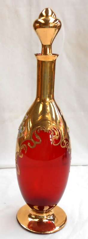 Ruby Red Glass-Venetian Italy-Gilt Gold Hand Painted+enamel flowers Decanter