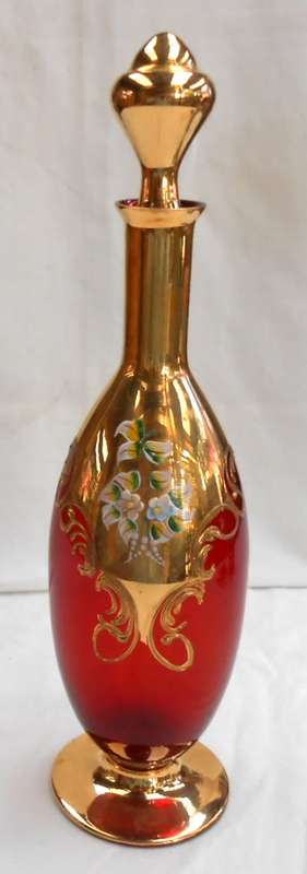 Ruby Red Glass-Venetian Italy-Gilt Gold Hand Painted+enamel flowers Decanter