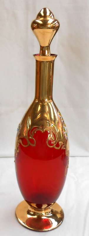 Ruby Red Glass-Venetian Italy-Gilt Gold Hand Painted+enamel flowers Decanter