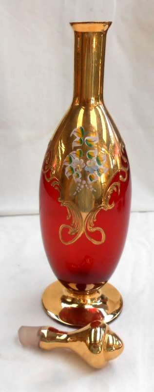 Ruby Red Glass-Venetian Italy-Gilt Gold Hand Painted+enamel flowers Decanter