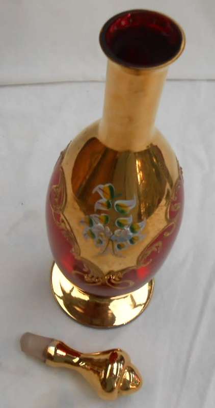Ruby Red Glass-Venetian Italy-Gilt Gold Hand Painted+enamel flowers Decanter