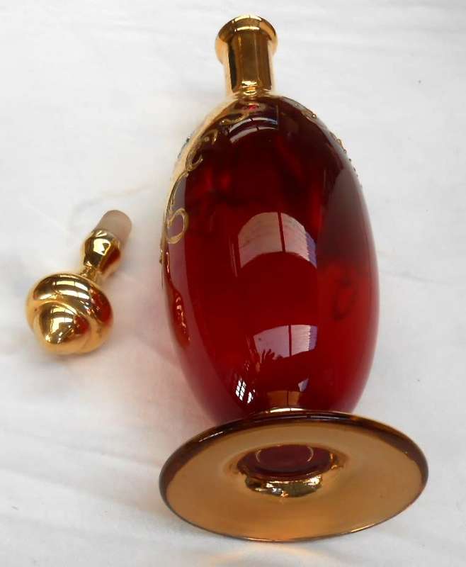 Ruby Red Glass-Venetian Italy-Gilt Gold Hand Painted+enamel flowers Decanter