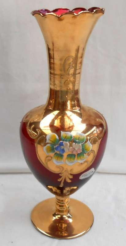 Stunning Ruby Red Glass-Palcon Sesto Fioreno Italy-Gilt Gold Hand Painted raised enamel flowers Vase