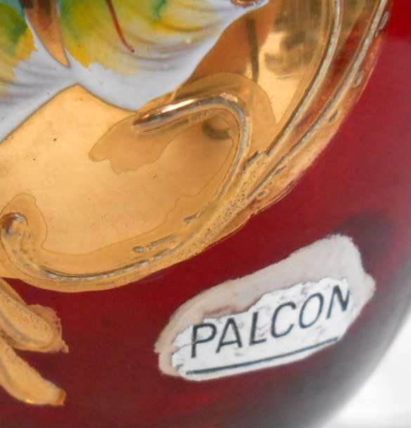 Stunning Ruby Red Glass-Palcon Sesto Fioreno Italy-Gilt Gold Hand Painted raised enamel flowers Vase