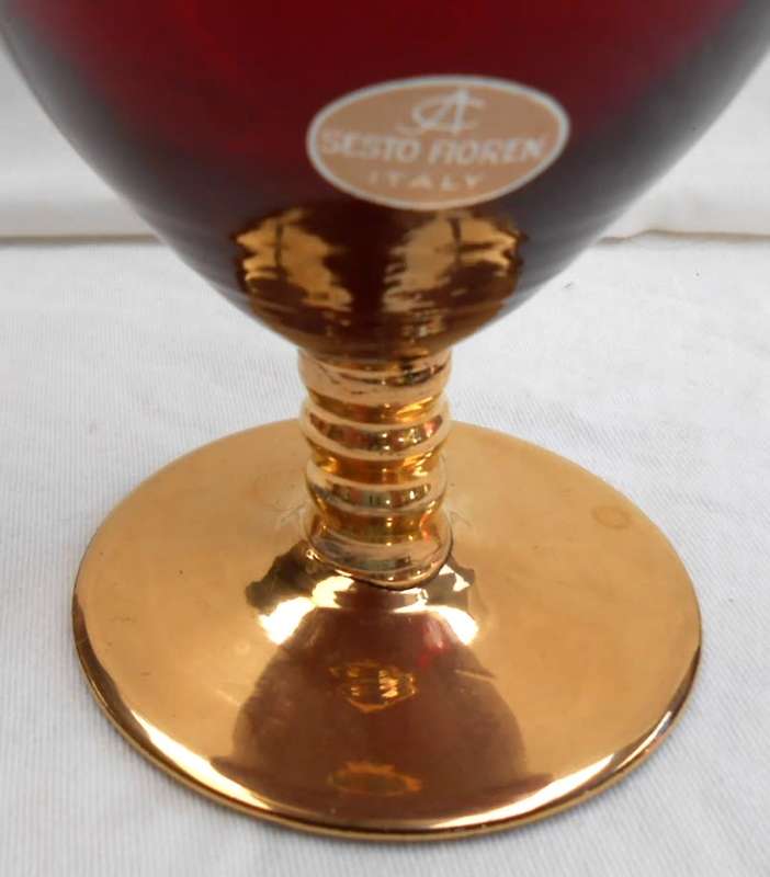 Stunning Ruby Red Glass-Palcon Sesto Fioreno Italy-Gilt Gold Hand Painted raised enamel flowers Vase