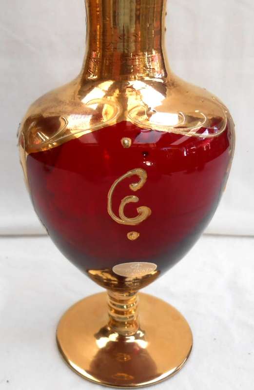 Stunning Ruby Red Glass-Palcon Sesto Fioreno Italy-Gilt Gold Hand Painted raised enamel flowers Vase