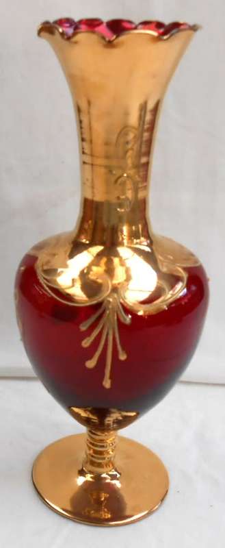 Stunning Ruby Red Glass-Palcon Sesto Fioreno Italy-Gilt Gold Hand Painted raised enamel flowers Vase