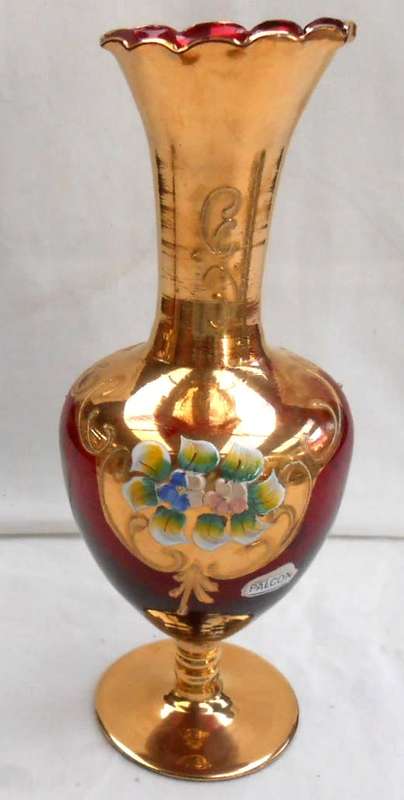 Stunning Ruby Red Glass-Palcon Sesto Fioreno Italy-Gilt Gold Hand Painted raised enamel flowers Vase