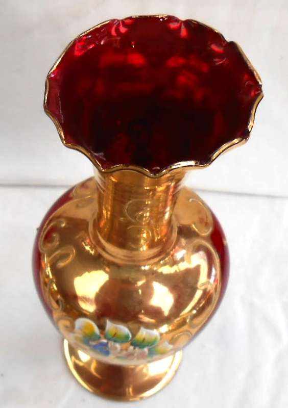 Stunning Ruby Red Glass-Palcon Sesto Fioreno Italy-Gilt Gold Hand Painted raised enamel flowers Vase