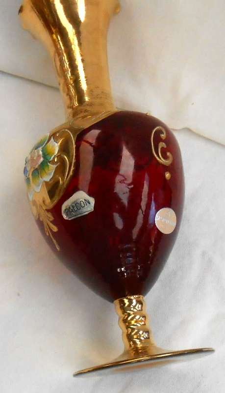 Stunning Ruby Red Glass-Palcon Sesto Fioreno Italy-Gilt Gold Hand Painted raised enamel flowers Vase
