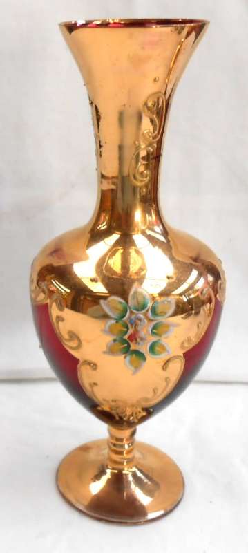 Stunning Murano Italy Ruby Red Heavy Gilt Gold Hand Painted raised enamel flowers Vase +label