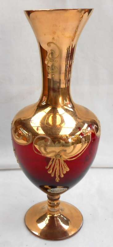 Stunning Murano Italy Ruby Red Heavy Gilt Gold Hand Painted raised enamel flowers Vase +label