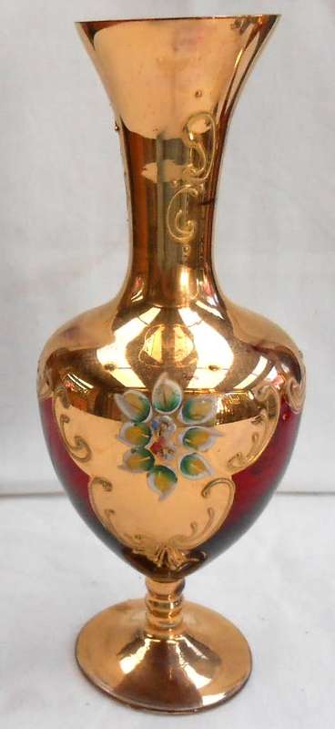 Stunning Murano Italy Ruby Red Heavy Gilt Gold Hand Painted raised enamel flowers Vase +label