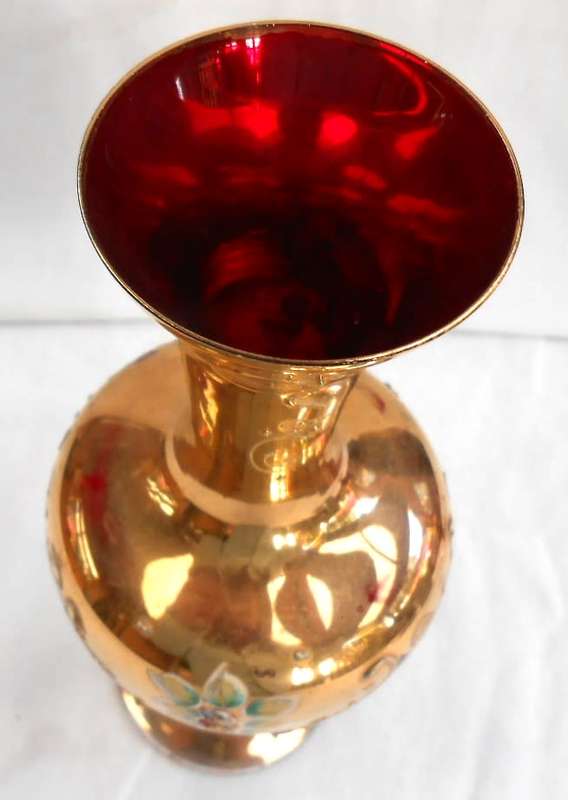 Stunning Murano Italy Ruby Red Heavy Gilt Gold Hand Painted raised enamel flowers Vase +label