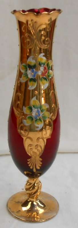 Thin Tall Ruby Red Heavy Gilt Gold Hand Painted raised enamel flowers Vase with Twisted Gilt Stem