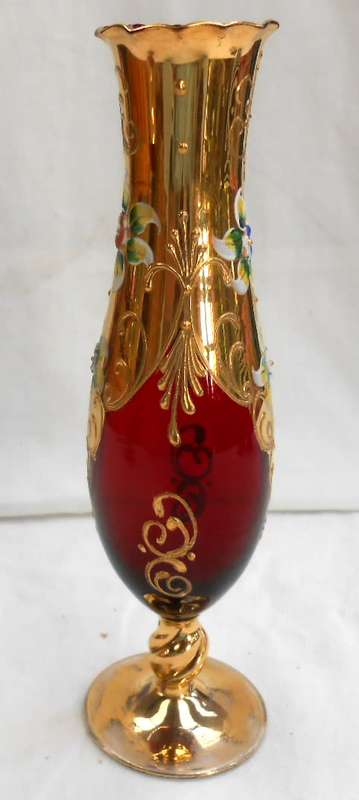 Thin Tall Ruby Red Heavy Gilt Gold Hand Painted raised enamel flowers Vase with Twisted Gilt Stem
