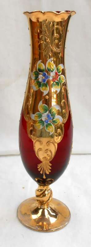 Thin Tall Ruby Red Heavy Gilt Gold Hand Painted raised enamel flowers Vase with Twisted Gilt Stem