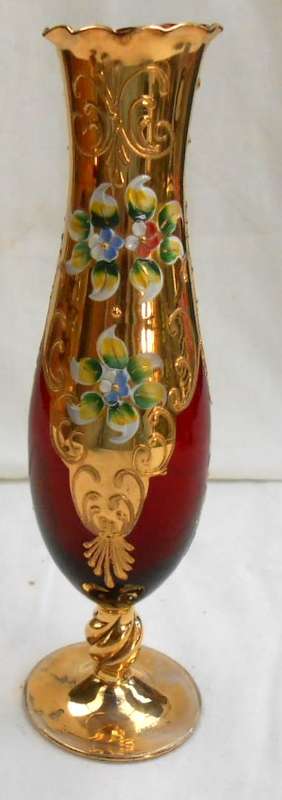 Thin Tall Ruby Red Heavy Gilt Gold Hand Painted raised enamel flowers Vase with Twisted Gilt Stem