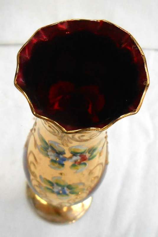 Thin Tall Ruby Red Heavy Gilt Gold Hand Painted raised enamel flowers Vase with Twisted Gilt Stem