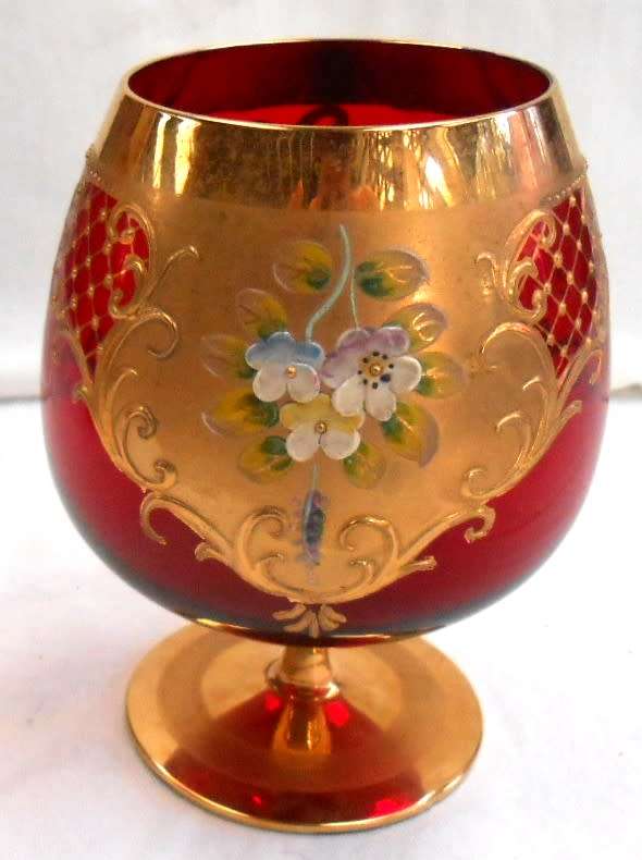 Vintage Italian Ruby Red & Heavy 24 K Gold hand painted Venetian Italian Goblet (2)