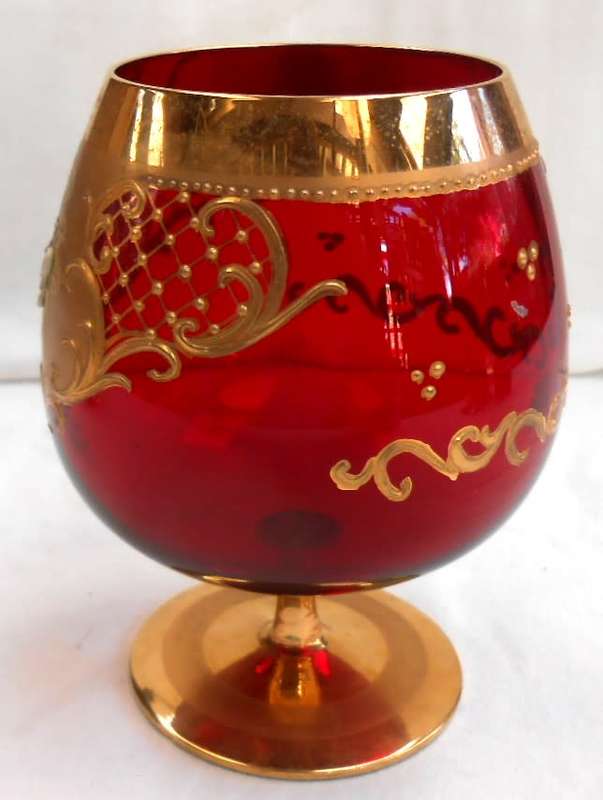 Vintage Italian Ruby Red & Heavy 24 K Gold hand painted Venetian Italian Goblet (2)