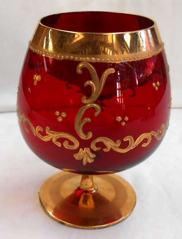 Vintage Italian Ruby Red & Heavy 24 K Gold hand painted Venetian Italian Goblet (2)