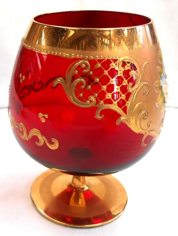 Vintage Italian Ruby Red & Heavy 24 K Gold hand painted Venetian Italian Goblet (2)