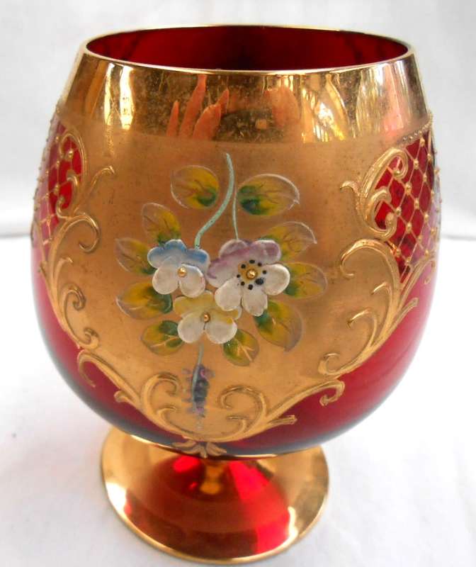 Vintage Italian Ruby Red & Heavy 24 K Gold hand painted Venetian Italian Goblet (2)