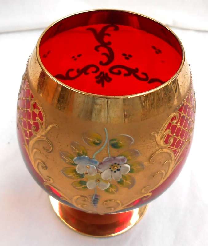 Vintage Italian Ruby Red & Heavy 24 K Gold hand painted Venetian Italian Goblet (2)