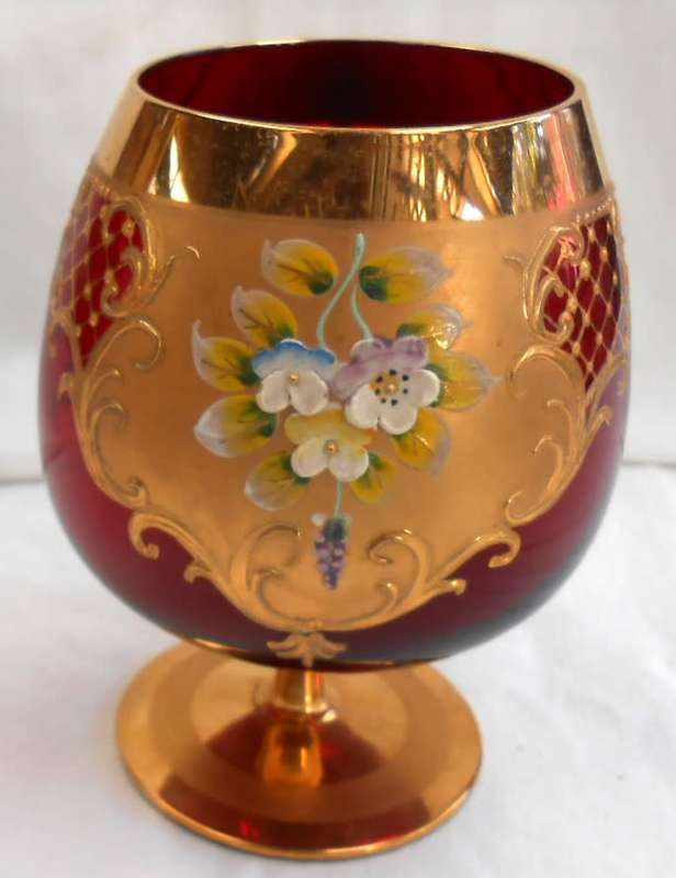Vintage Italian Ruby Red & Heavy 24 K Gold hand painted Venetian Italian Goblet (3)