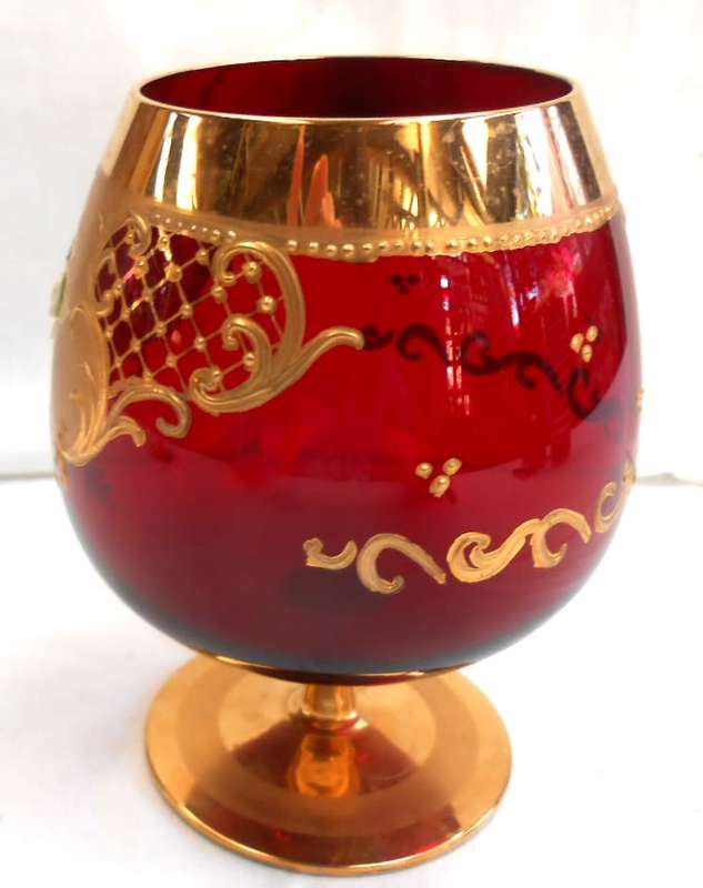 Vintage Italian Ruby Red & Heavy 24 K Gold hand painted Venetian Italian Goblet (3)