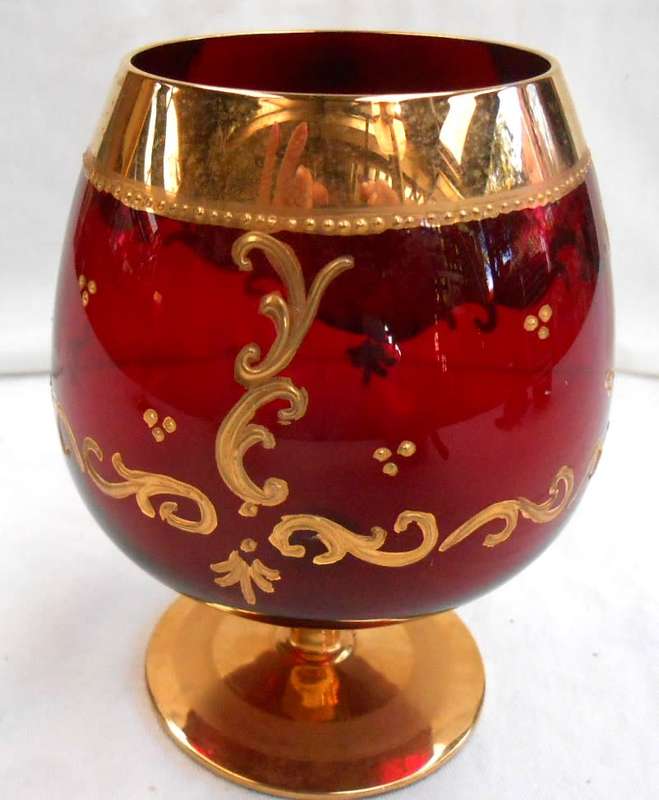 Vintage Italian Ruby Red & Heavy 24 K Gold hand painted Venetian Italian Goblet (3)