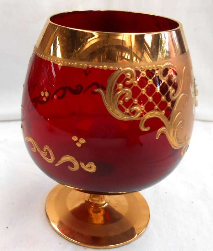 Vintage Italian Ruby Red & Heavy 24 K Gold hand painted Venetian Italian Goblet (3)