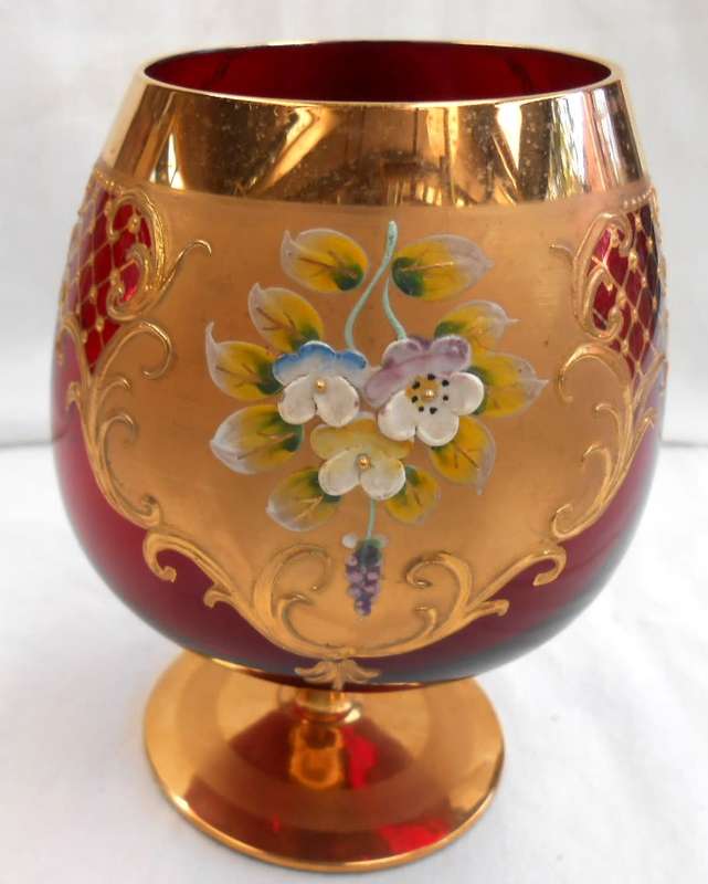 Vintage Italian Ruby Red & Heavy 24 K Gold hand painted Venetian Italian Goblet (3)