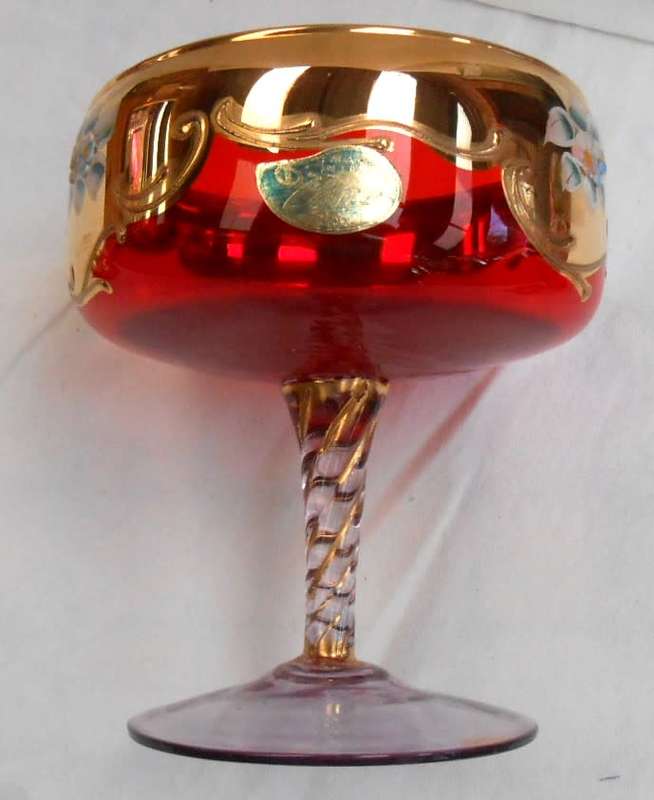 A BEAUTY! COMO-ITALY BOHEMIAN VENETIAN RED & GOLD WITH RAISED FLOWERS COMPOTE WITH LID+LABEL