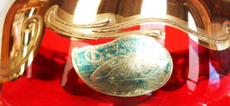 A BEAUTY! COMO-ITALY BOHEMIAN VENETIAN RED & GOLD WITH RAISED FLOWERS COMPOTE WITH LID+LABEL