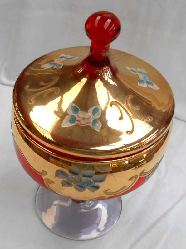 A BEAUTY! COMO-ITALY BOHEMIAN VENETIAN RED & GOLD WITH RAISED FLOWERS COMPOTE WITH LID+LABEL