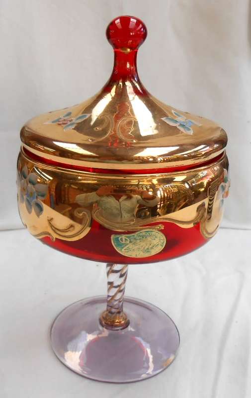 A BEAUTY! COMO-ITALY BOHEMIAN VENETIAN RED & GOLD WITH RAISED FLOWERS COMPOTE WITH LID+LABEL