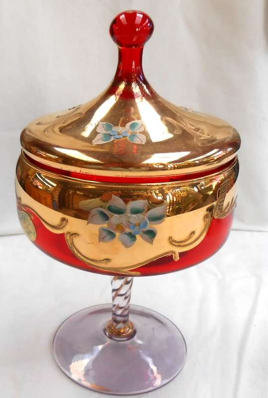 A BEAUTY! COMO-ITALY BOHEMIAN VENETIAN RED & GOLD WITH RAISED FLOWERS COMPOTE WITH LID+LABEL