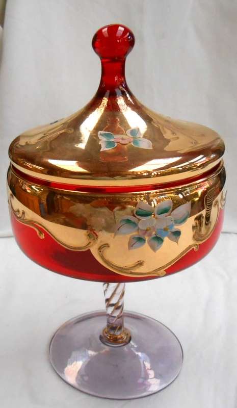 A BEAUTY! COMO-ITALY BOHEMIAN VENETIAN RED & GOLD WITH RAISED FLOWERS COMPOTE WITH LID+LABEL