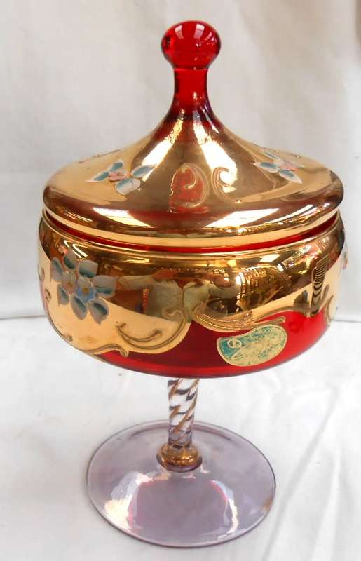 A BEAUTY! COMO-ITALY BOHEMIAN VENETIAN RED & GOLD WITH RAISED FLOWERS COMPOTE WITH LID+LABEL