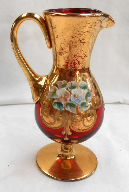 ITALY BOHEMIAN VENETIAN RED GOLD & ENAMEL RAISED FLOWERS MILK JUG
