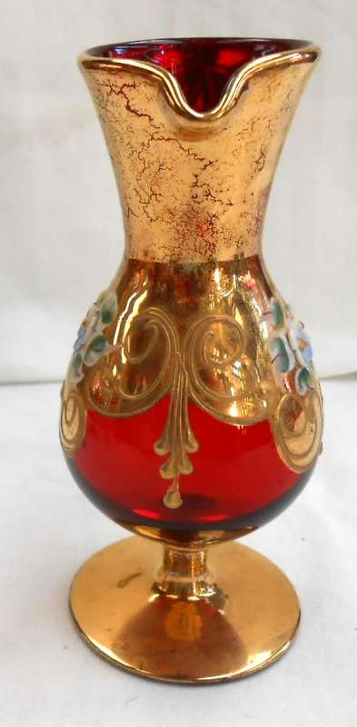 ITALY BOHEMIAN VENETIAN RED GOLD & ENAMEL RAISED FLOWERS MILK JUG
