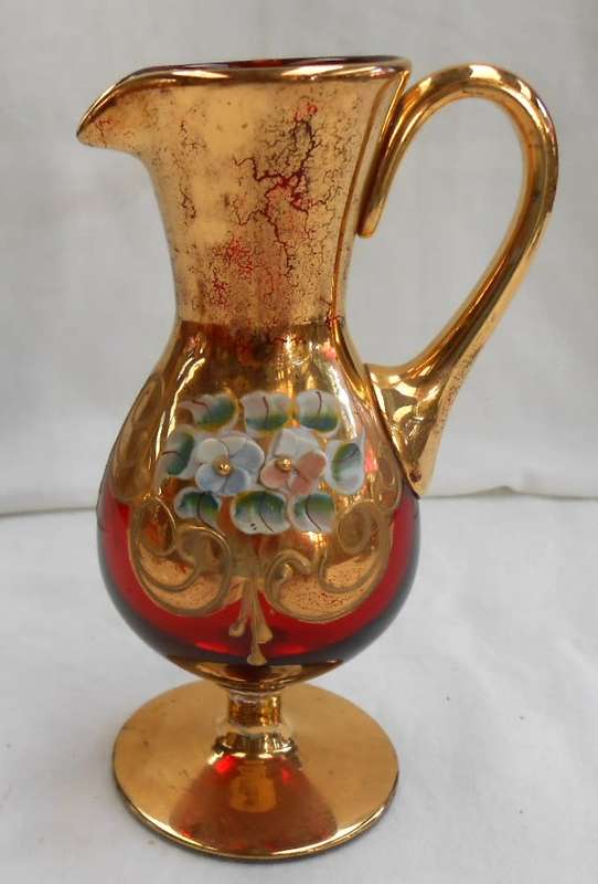 ITALY BOHEMIAN VENETIAN RED GOLD & ENAMEL RAISED FLOWERS MILK JUG