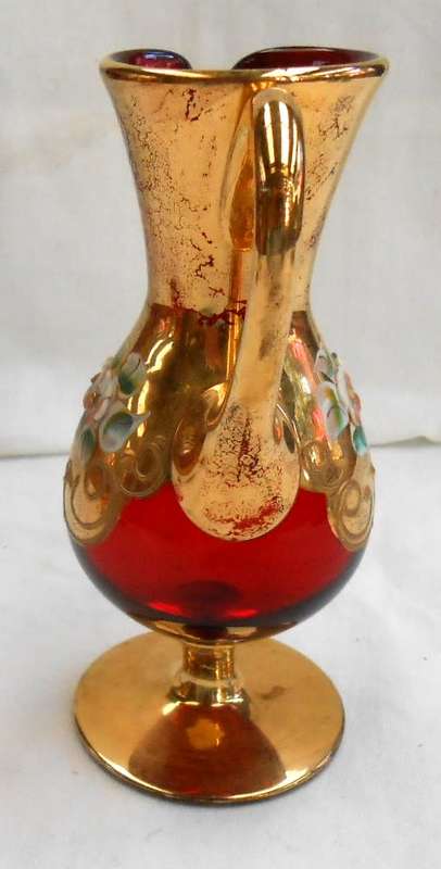 ITALY BOHEMIAN VENETIAN RED GOLD & ENAMEL RAISED FLOWERS MILK JUG