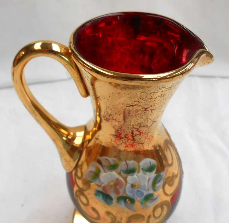 ITALY BOHEMIAN VENETIAN RED GOLD & ENAMEL RAISED FLOWERS MILK JUG