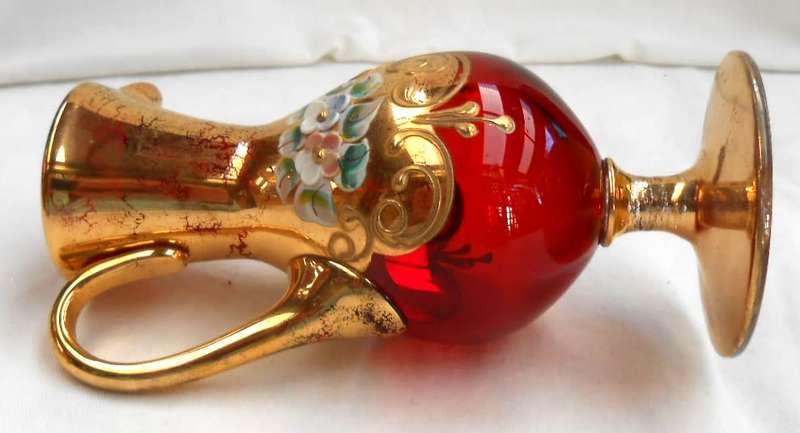 ITALY BOHEMIAN VENETIAN RED GOLD & ENAMEL RAISED FLOWERS MILK JUG