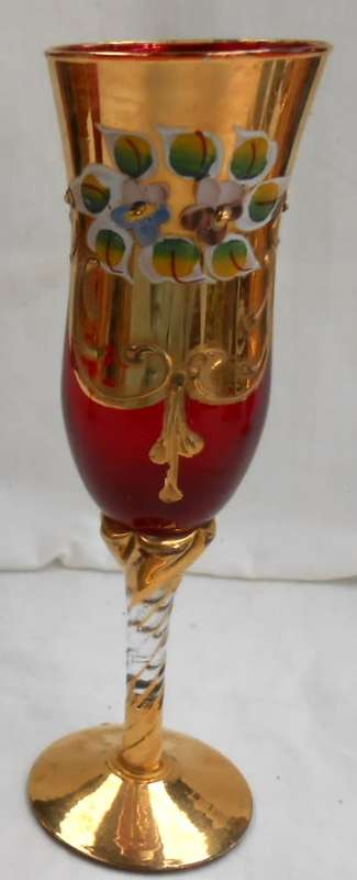 Tall Champagne Glass Ruby Red Heavy Gilt Gold Hand Painted raised enamel flowers & Twisted Gilt Stem