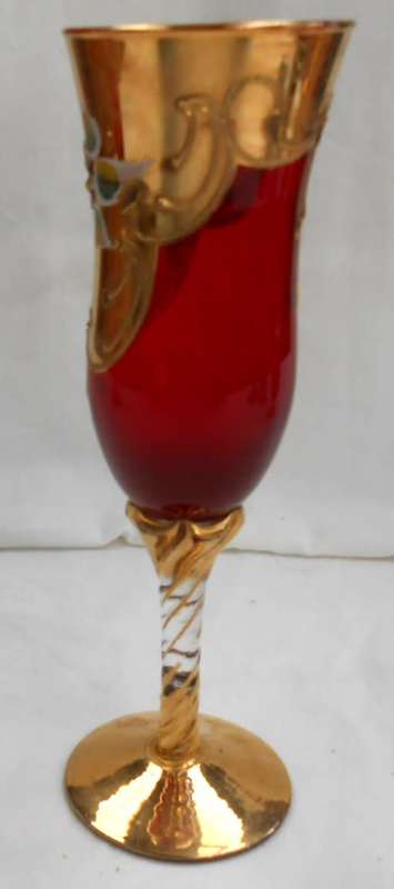 Tall Champagne Glass Ruby Red Heavy Gilt Gold Hand Painted raised enamel flowers & Twisted Gilt Stem