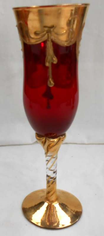 Tall Champagne Glass Ruby Red Heavy Gilt Gold Hand Painted raised enamel flowers & Twisted Gilt Stem